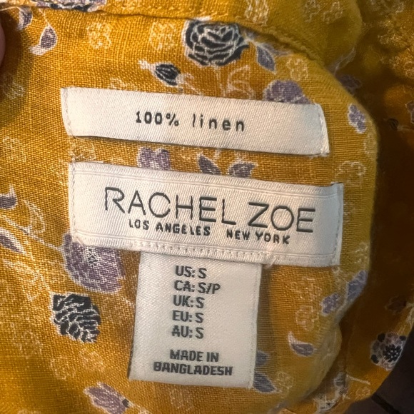 Rachel Zoe Button Up Blouse Short Sleeve Mustard Yellow Floral Linen Size Small - Picture 8 of 8